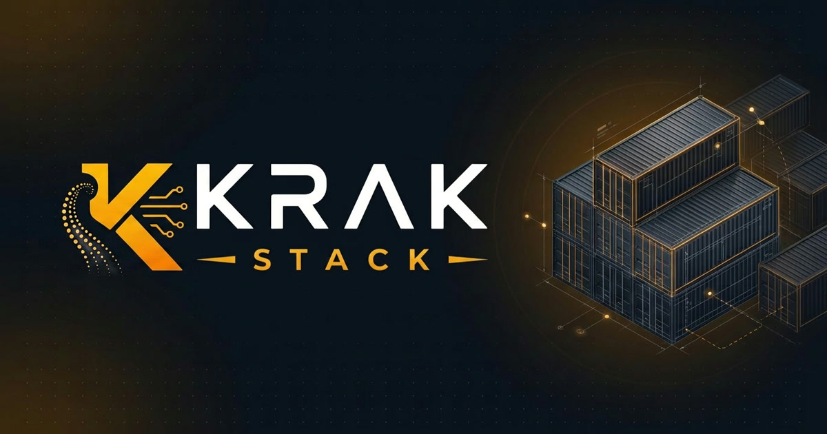 The Krak Stack logo beside a stack of shipping containers drawn in outline