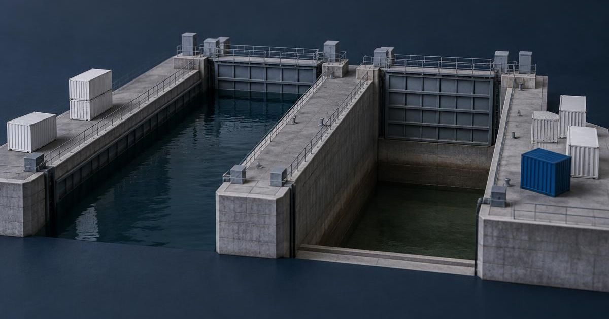Scale model of canal locks at unequal water levels with shipping containers positioned on both sides